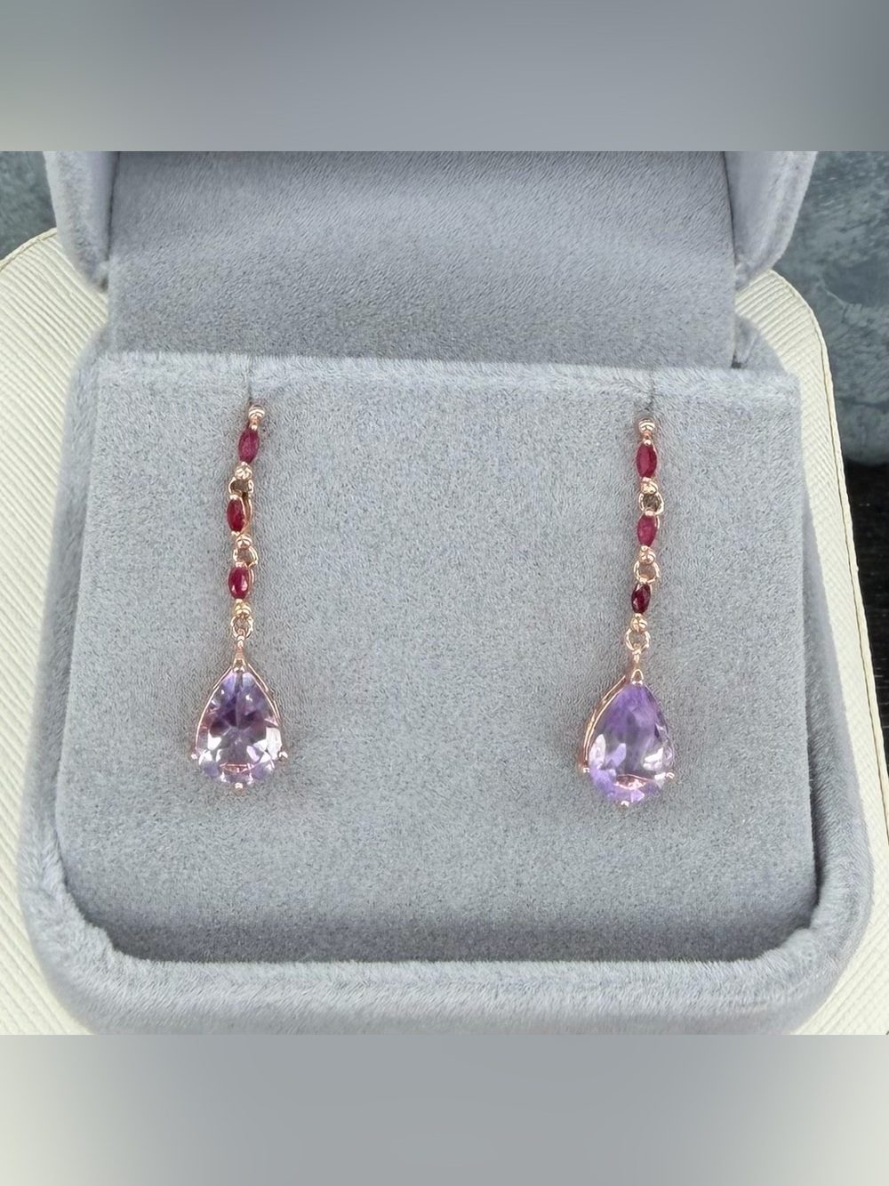 Exquisite Natural Pink Amethyst & Ruby Dangle Earrings 18K Rose Gold over 925 SS